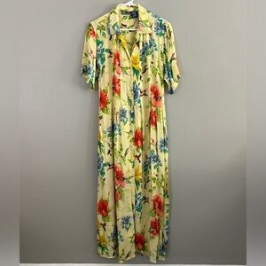 Vintage Phool Crinkle Yellow Button Front Maxi Dress Sz L Floral Birds Tie-Back